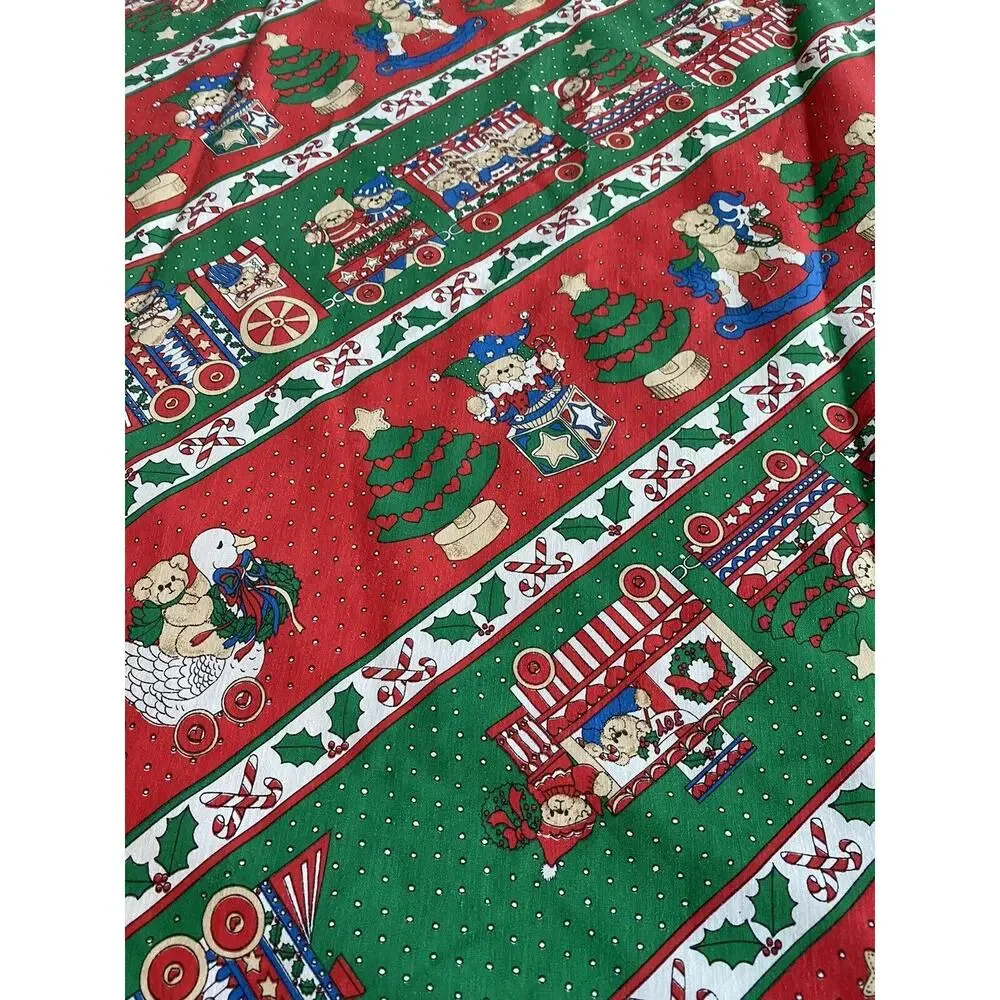 Vintage Christmas Tablecloth Red Green Bears Train